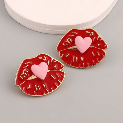 Sexy red drip oil lips heart-shaped alloy earrings